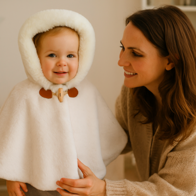poncho bébé capuche douillette sur fillette chambre avec maman