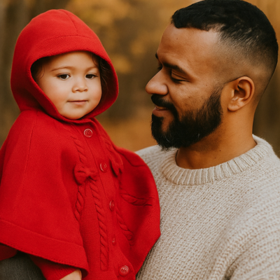 fille avec poncho bébé dans bras papa