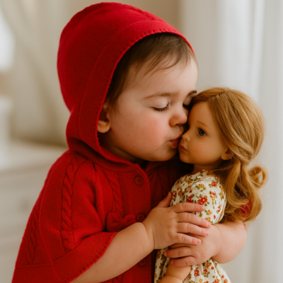fille avec poncho bébé serre contre elle poupée