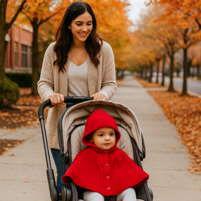 fille porte poncho bébé en tricot promenade poussette avec maman