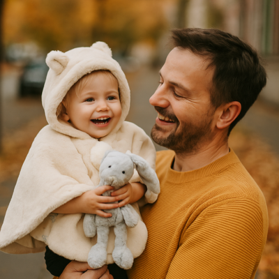 enfant avec poncho bébé hiver sourit dans bras papa