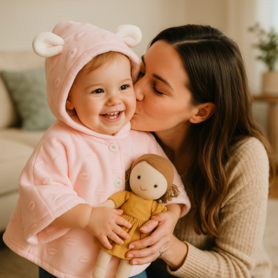 poncho bébé hiver sur enfant avec poupée maman embrasse fille