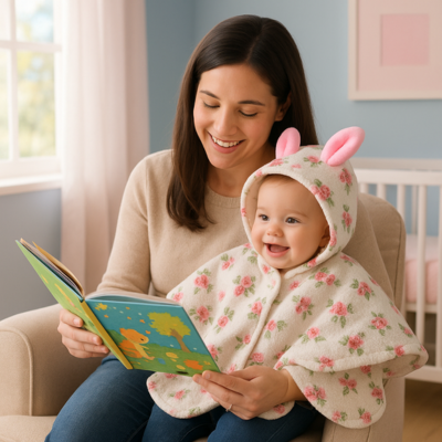 poncho bébé hiver sur enfant écoute histoire maman livre
