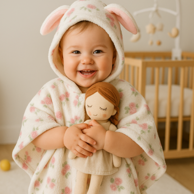 poncho bébé hiver sur enfant serre tendrement poupée