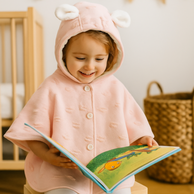 poncho bébé hiver sur fille regarde livre assis tabouret