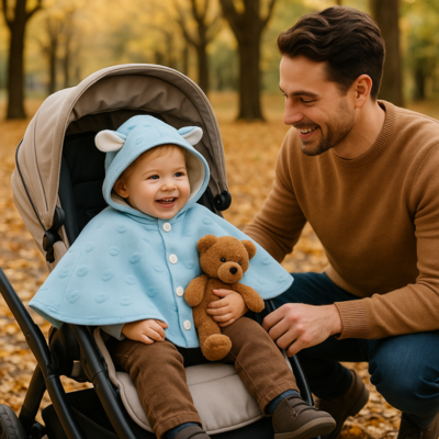 poncho bébé hiver sur garçon assis poussette avec papa balade