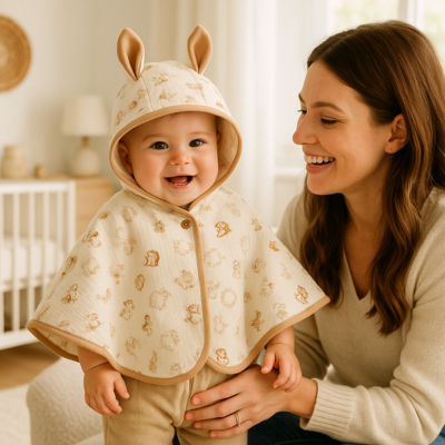 poncho bébé lapichoune moment joie maman sourit