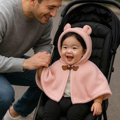 poncho bebe merinost sur enfant dans poussette avec papa