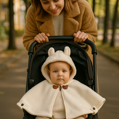 poncho bebe merinost sur enfant dans poussette avec maman