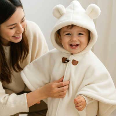 poncho bebe merinost sur garçon maman regarde contente