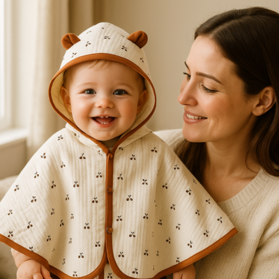 poncho bébé sapota sourit tendresse bras maman