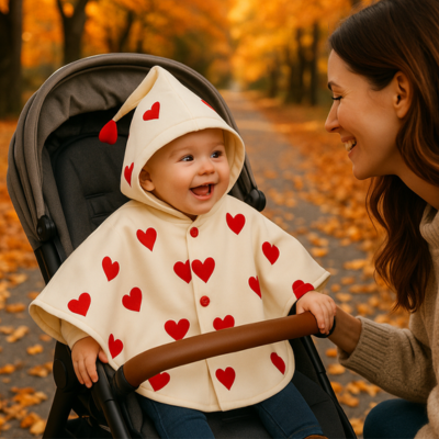 poncho bébé sur enfant poussette regarde maman