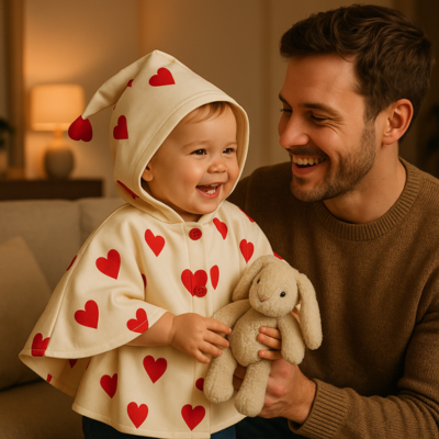 poncho bébé sur enfant tenant peluche lapin avec papa