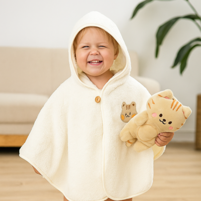 enfant porte poncho bébé voiture joue dans maison