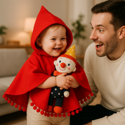 poncho voiture bébé sur enfant enlace poupée papa sourit