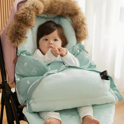 Bébé dans une poussette à la maison confortablement installé dans sa chanceliere bien au chaud