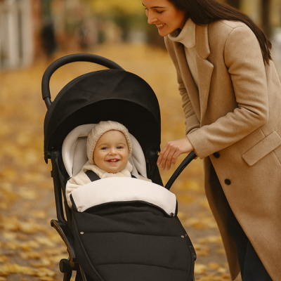 chanceliere pour poussette bébé sortie maman souriante