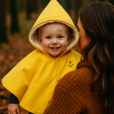 enfant avec poncho bébé voiture dans bras maman