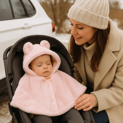 fille avec poncho bebe hiver lapino poussette dort