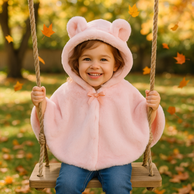 fille avec poncho bebe hiver lapino sur balancoire