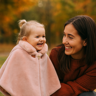 poncho bébé confort élégant maman sourit avec bébé