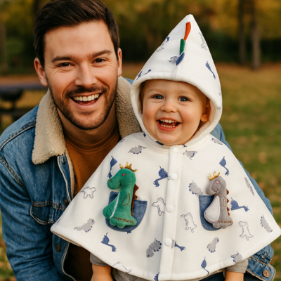 poncho bébé diplodocus enfant avec papa content