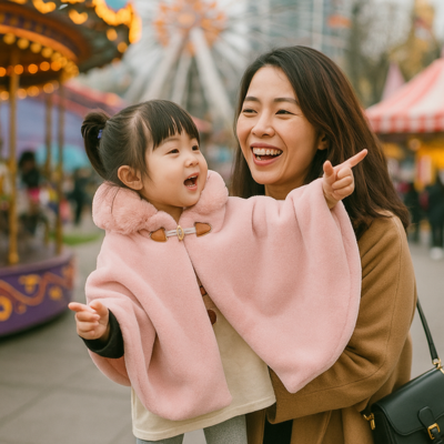 poncho bébé sur enfant avec maman fête foraine