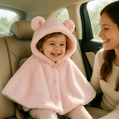 poncho bebe hiver lapino sur fille dans voiture avec maman