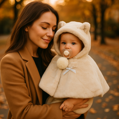 poncho bébé hiver sur bébé dans bras maman sourit