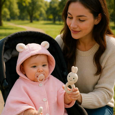 poncho bébé hiver sur enfant poussette maman regard tendre