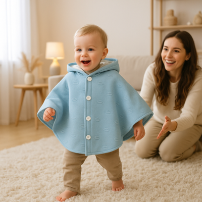 poncho bébé hiver sur enfant marche sur tapis blanc
