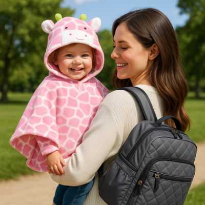 poncho bébé hiver sur fille dans bras maman