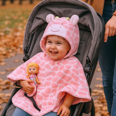 poncho bébé hiver sur fille dans poussette avec poupée