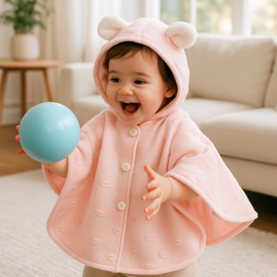 poncho bébé hiver sur fille joue avec balle bleue chambre