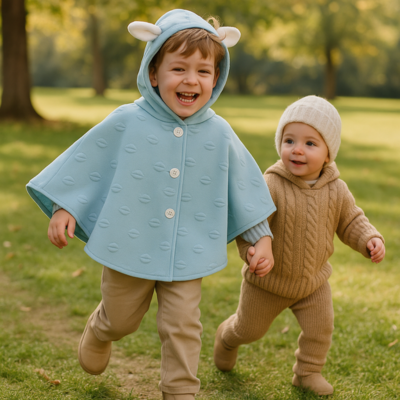 poncho bébé hiver sur garçon court avec sœur parc