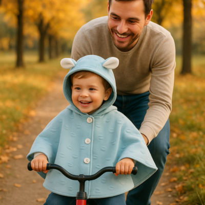 poncho bébé hiver sur petit garçon monte vélo papa derrière
