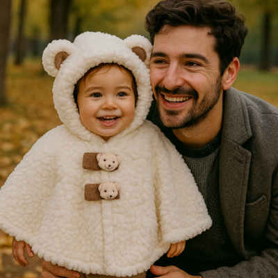 poncho bébé ourson sur enfant avec papa dans parc