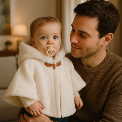 poncho bébé sur enfant dans chambre avec papa