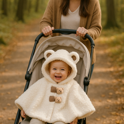 poncho bébé souriant dans poussette maman balade