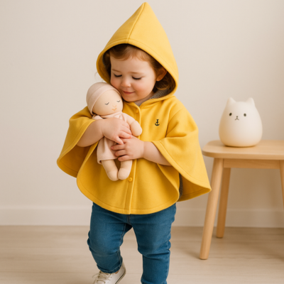poncho bebe sur enfant câline poupée