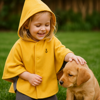 poncho bebe sur enfant caresse chiot