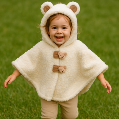 poncho bébé sur enfant souriante cours dans herbe