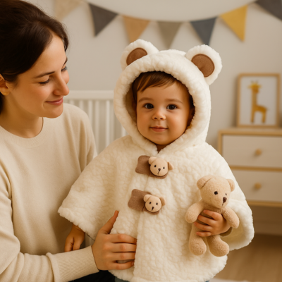 poncho bébé sur enfant tiens peluche maman sourit