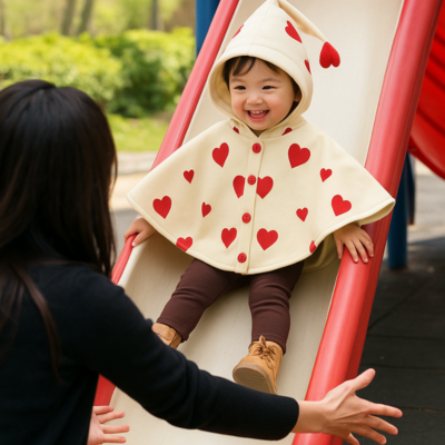 poncho bébé sur enfant toboggan avec maman