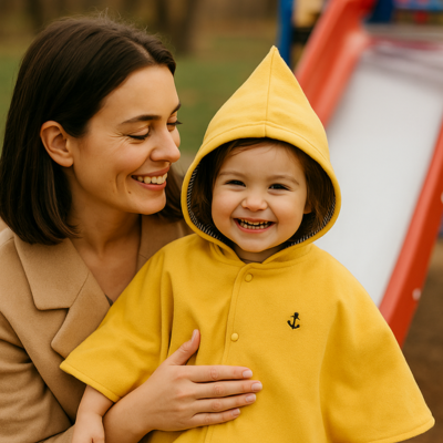 poncho bebe sur fille parc jeu avec maman