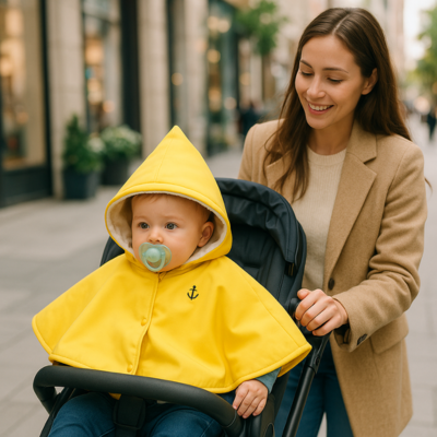 poncho bébé voiture dans poussette maman sourit