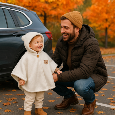 enfant porte poncho bébé voiture sur parking avec papa