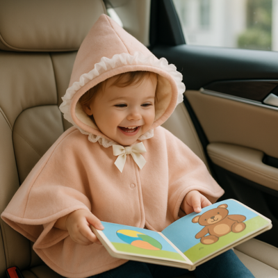 poncho bébé voiture rosalia enfant regarde livre