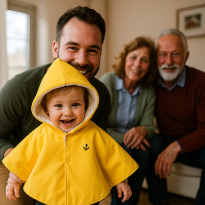 poncho bébé voiture sur enfant avec papa grand parent content
