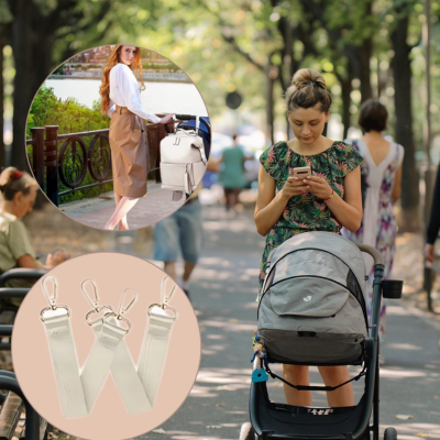 Maman en promenade avec bébé dans sa poussette pense à des sangles pour accrocher le sac sur poussette.